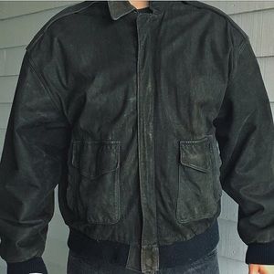 90s faded leather bomber jacket with map print ‼️